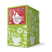 Clipper Organic English Breakfast Tea box with green design and tea cup illustration