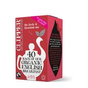 Box of Clipper Organic English Breakfast tea bags on a white background