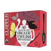 Clipper Organic English Breakfast tea box with red background and tea bag illustration