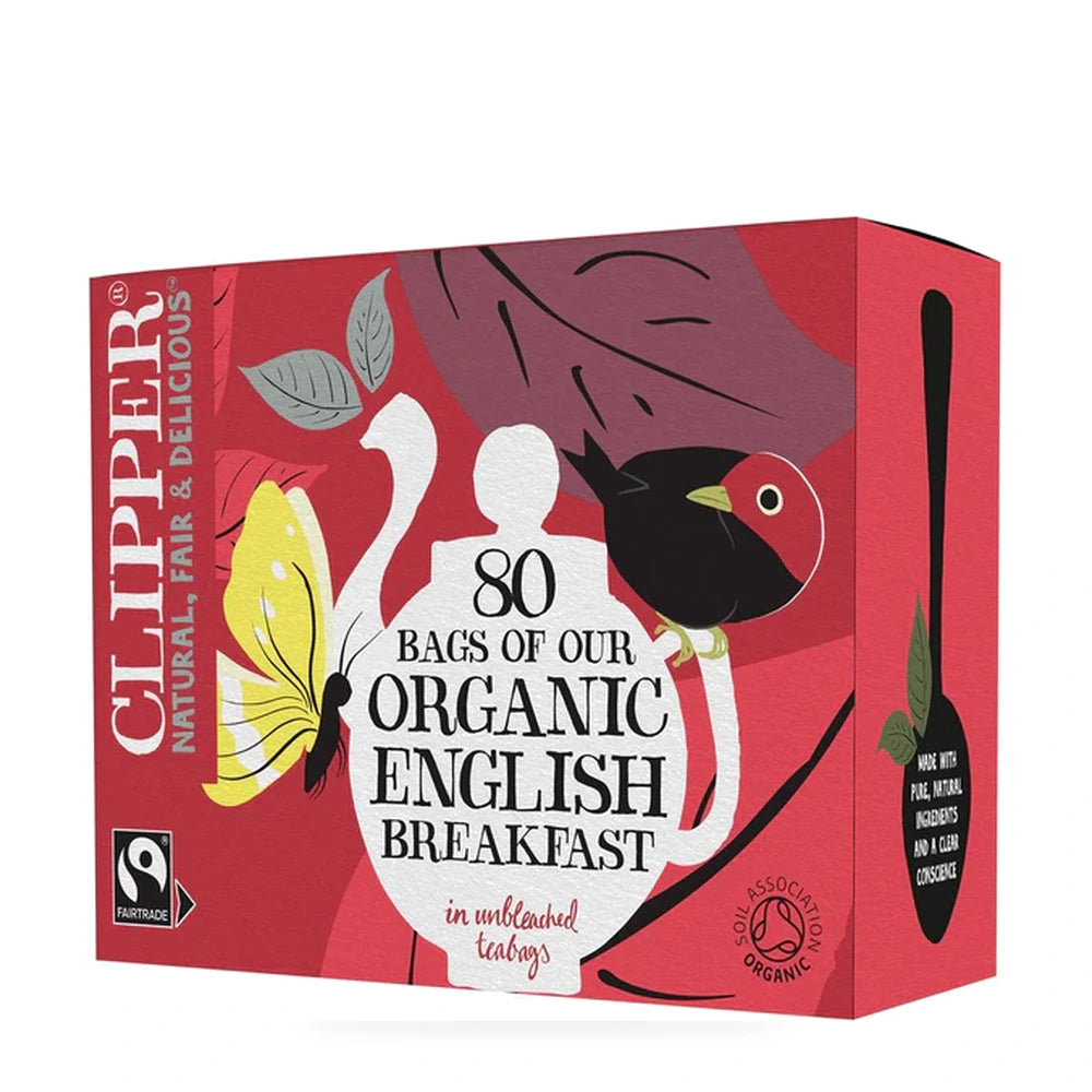 Clipper Organic English Breakfast tea box with red background and tea bag illustration