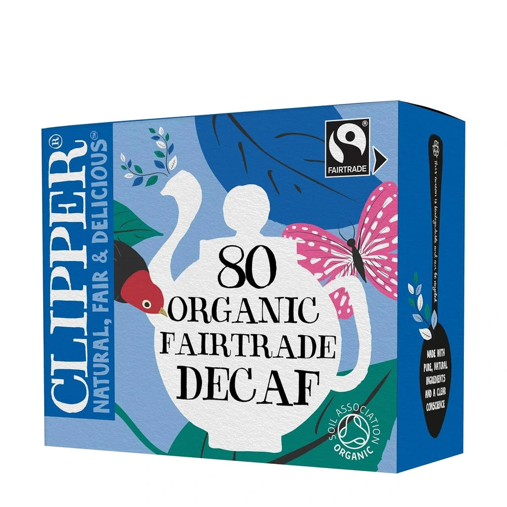 Clipper Organic Fairtrade Decaf tea box with teapot illustration and butterfly on a blue background