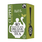 Clipper organic fairtrade tea box with green background and white text