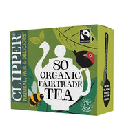 Clipper Organic Fairtrade tea box with teapot design and nature elements on a white background