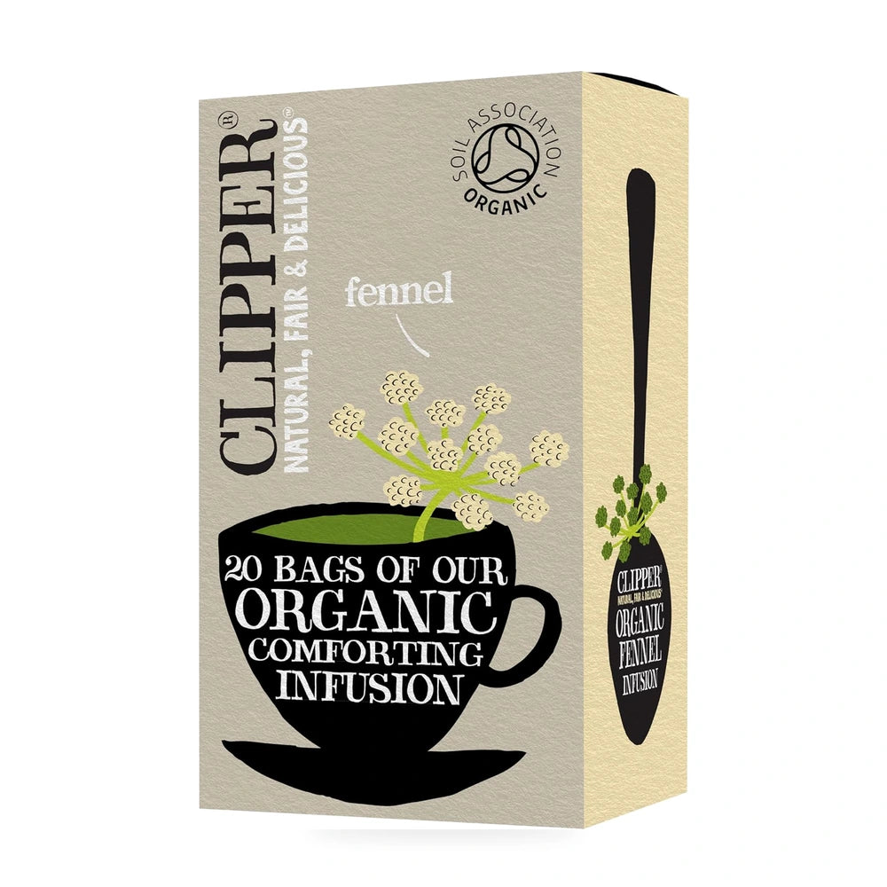 Clipper organic fennel tea packaging on a white background