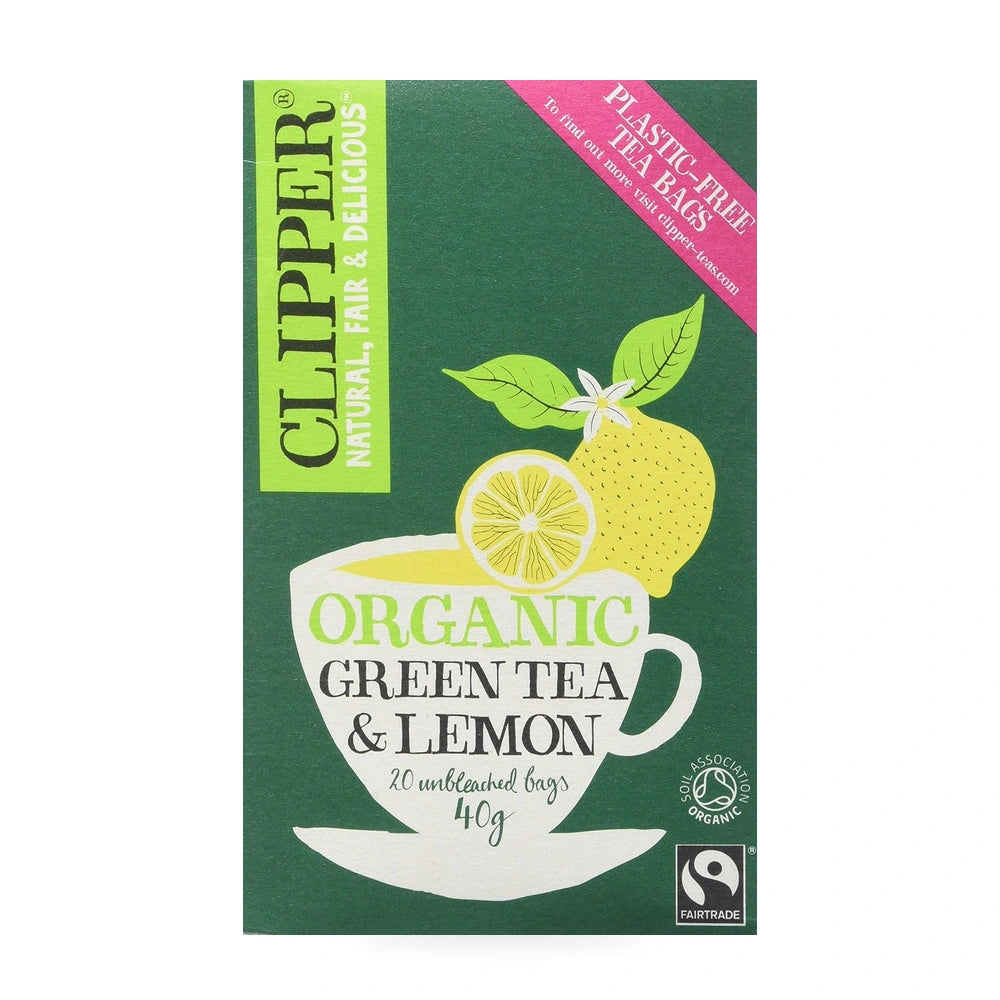Clipper Organic Green Tea & Lemon tea bags packaging on a white background