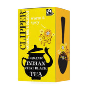Clipper Organic Indian Chai Black Tea box with yellow background and black teapot illustration