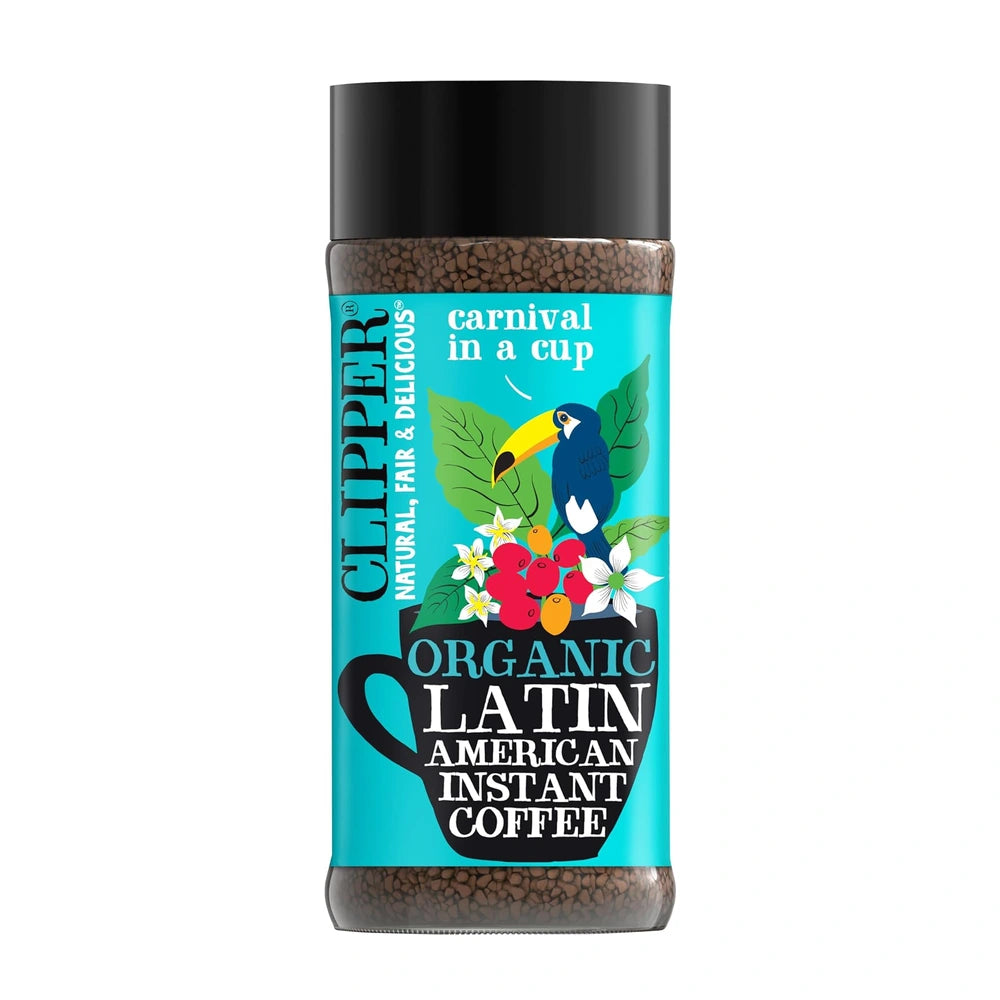 Clipper Organic Latin American Instant Coffee jar with colorful label on a white background