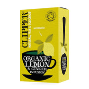 Clipper Organic Lemon & Ginger Infusion tea box on a white background