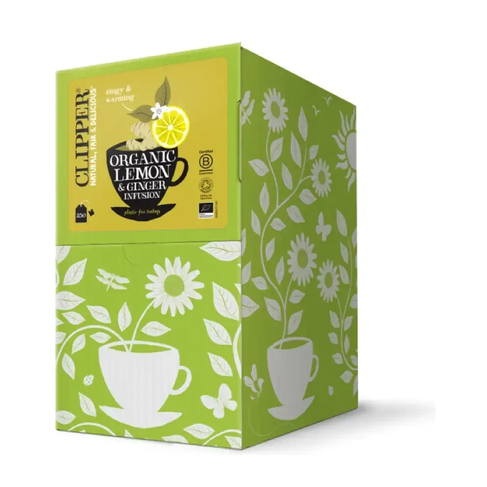 Clipper Organic Lemon & Ginger Infusion tea box with green and yellow design.