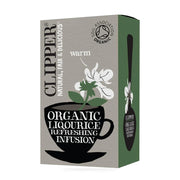 Clipper organic licorice tea box with branding and product details on a white background