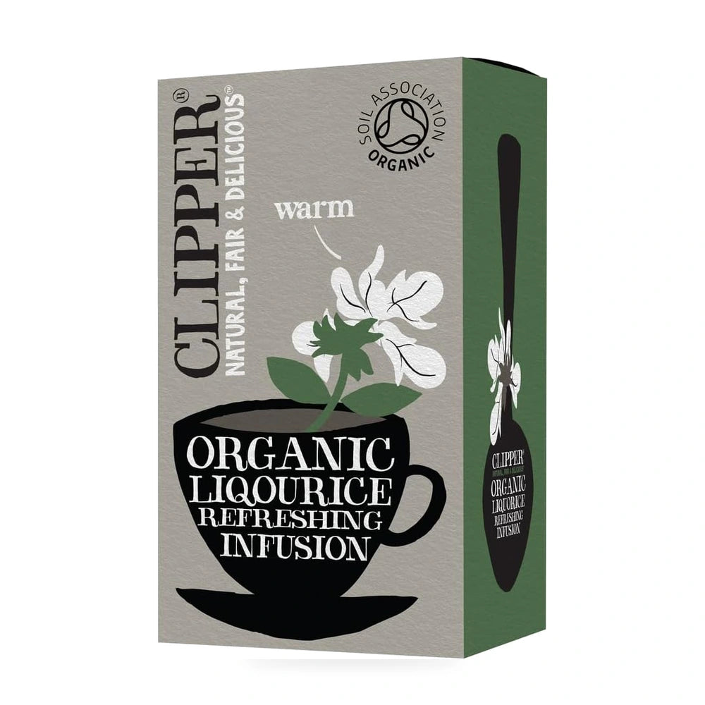 Clipper organic licorice tea box with branding and product details on a white background