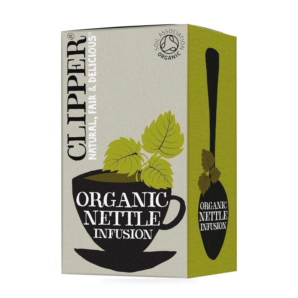 Box of Clipper Organic Nettle Infusion with tea cup and leaves illustration on a white background