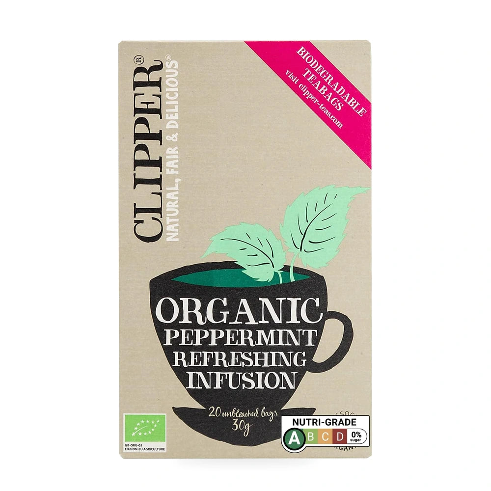 Clipper organic peppermint tea packaging on a white background