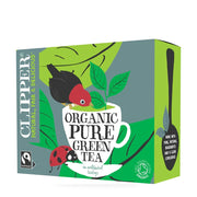 Clipper Organic Pure Green Tea packaging with a bird and leaf design on a white background