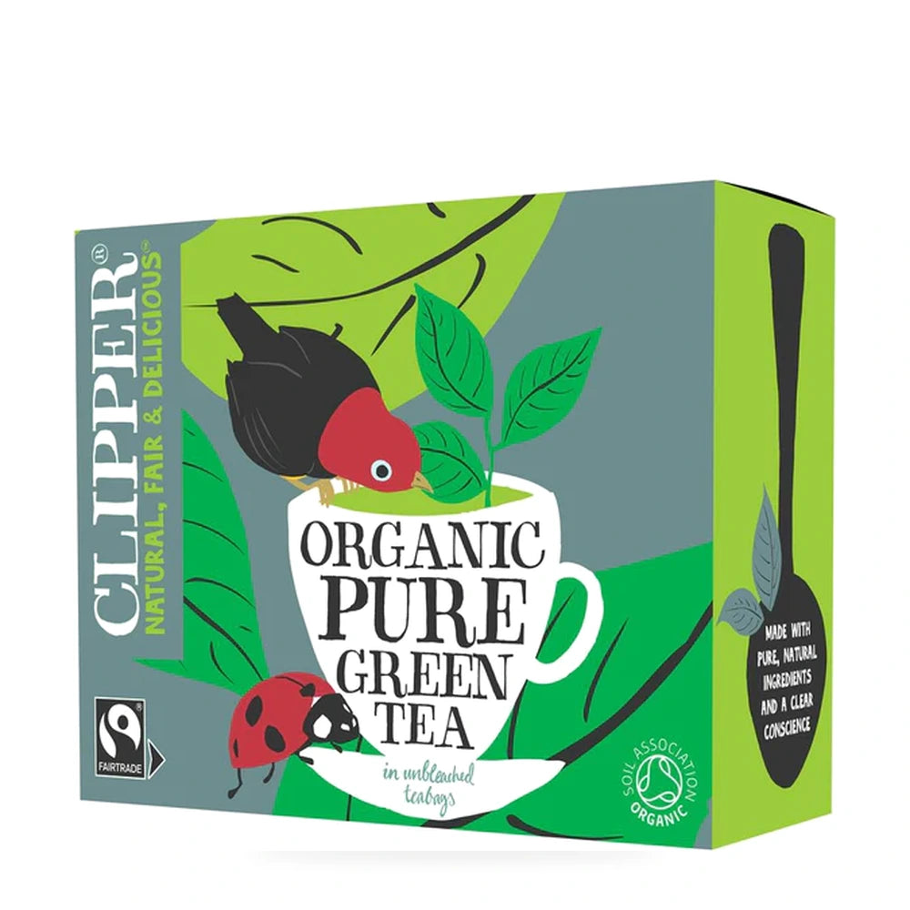 Clipper Organic Pure Green Tea packaging with a bird and leaf design on a white background