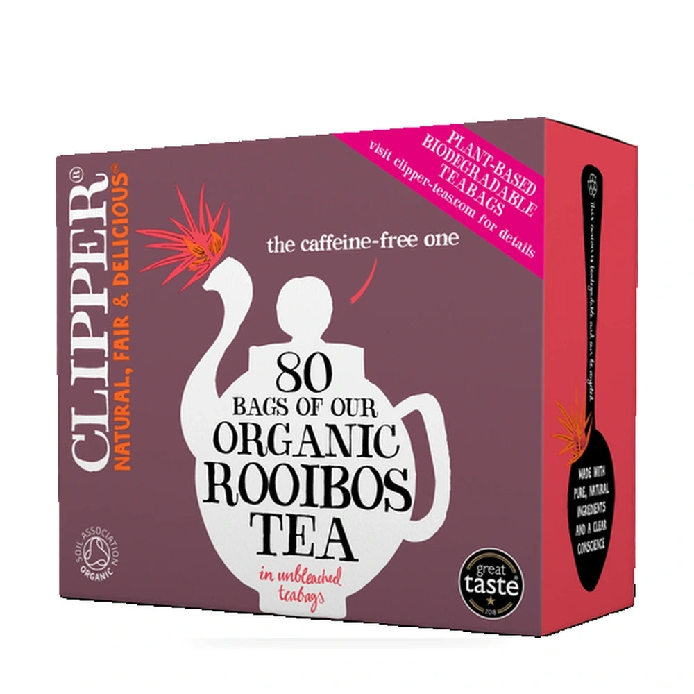 Box of Clipper Organic Rooibos Tea with branding and product details on a white background