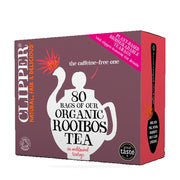 Box of Clipper Organic Rooibos Tea with branding and product details on a white background