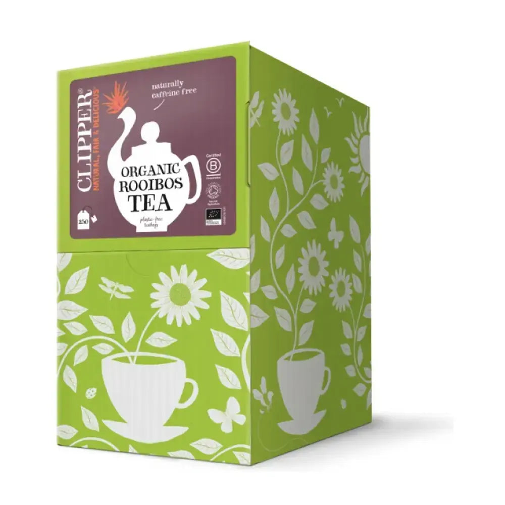Box of Clipper Organic Rooibos Tea with green and white design on a white background
