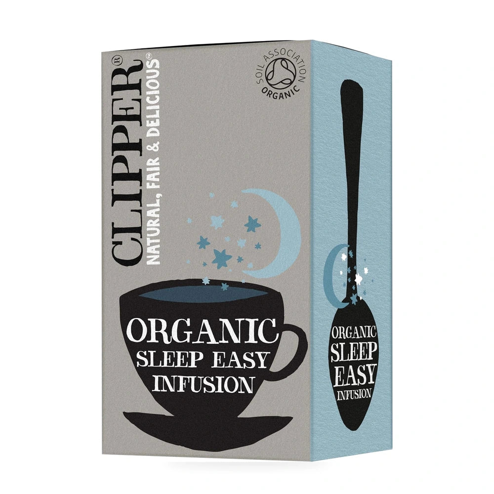Box of Clipper Organic Sleep Easy Infusion with a spoon illustration on a white background