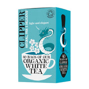 Clipper organic white tea packaging with dragon design on a blue background