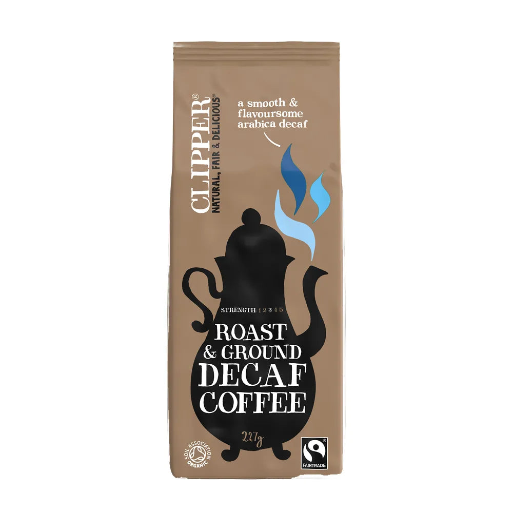 Clipper roast and ground decaf coffee package on a white background