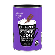 Purple canister of Clipper Super Cosy Drinking Chocolate with a black lid on a white background