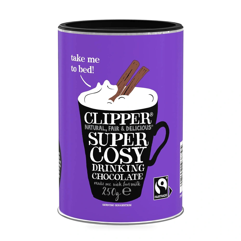 Purple canister of Clipper Super Cosy Drinking Chocolate with a black lid on a white background