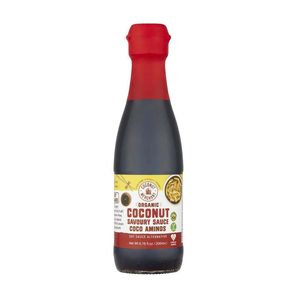 Bottle of Organic Coconut Savoury Sauce with a red cap on a white background