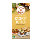 Coconut Butter packaging with images of food items on a white background