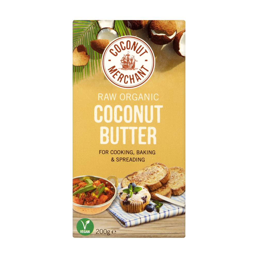 Coconut Butter packaging with images of food items on a white background