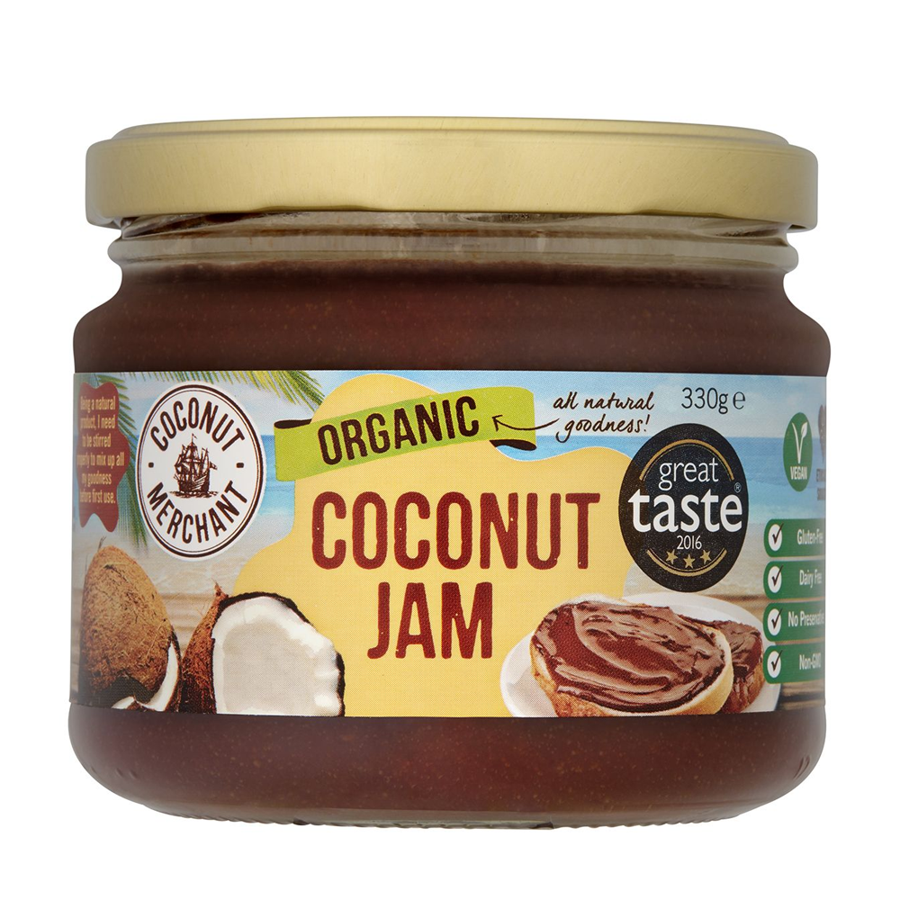 Jar of Coconut Merchant Organic Coconut Jam on a white background