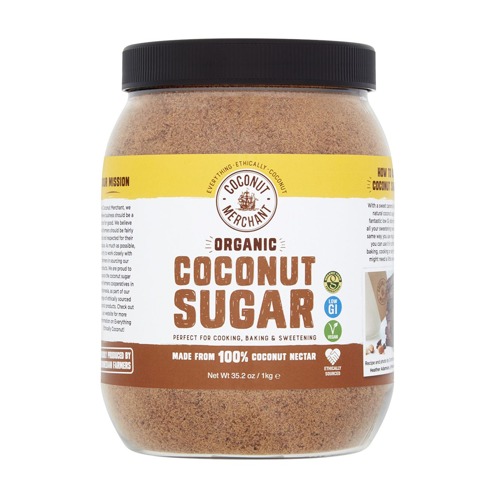 Jar of Coconut Merchant organic coconut sugar on a white background