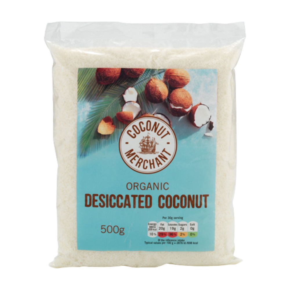 Bag of organic desiccated coconut with Coconut Merchant label on a white background