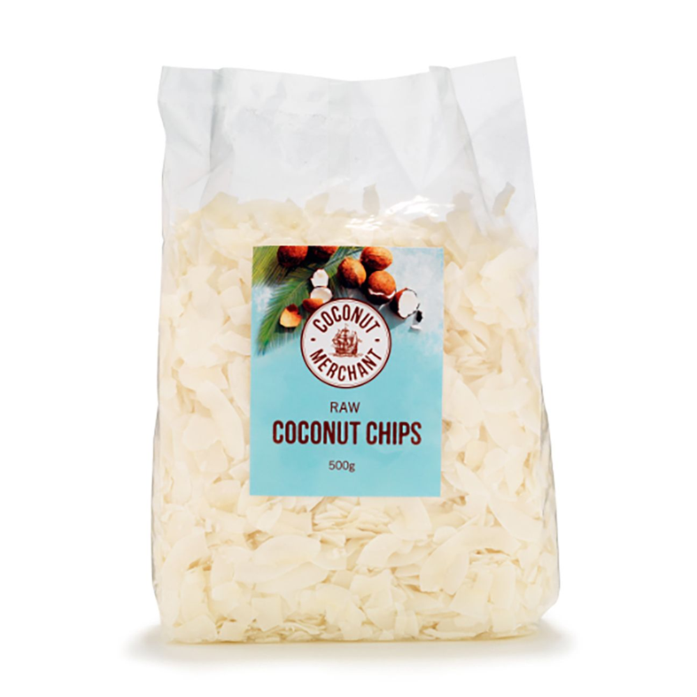 Bag of raw coconut chips with a label on a white background