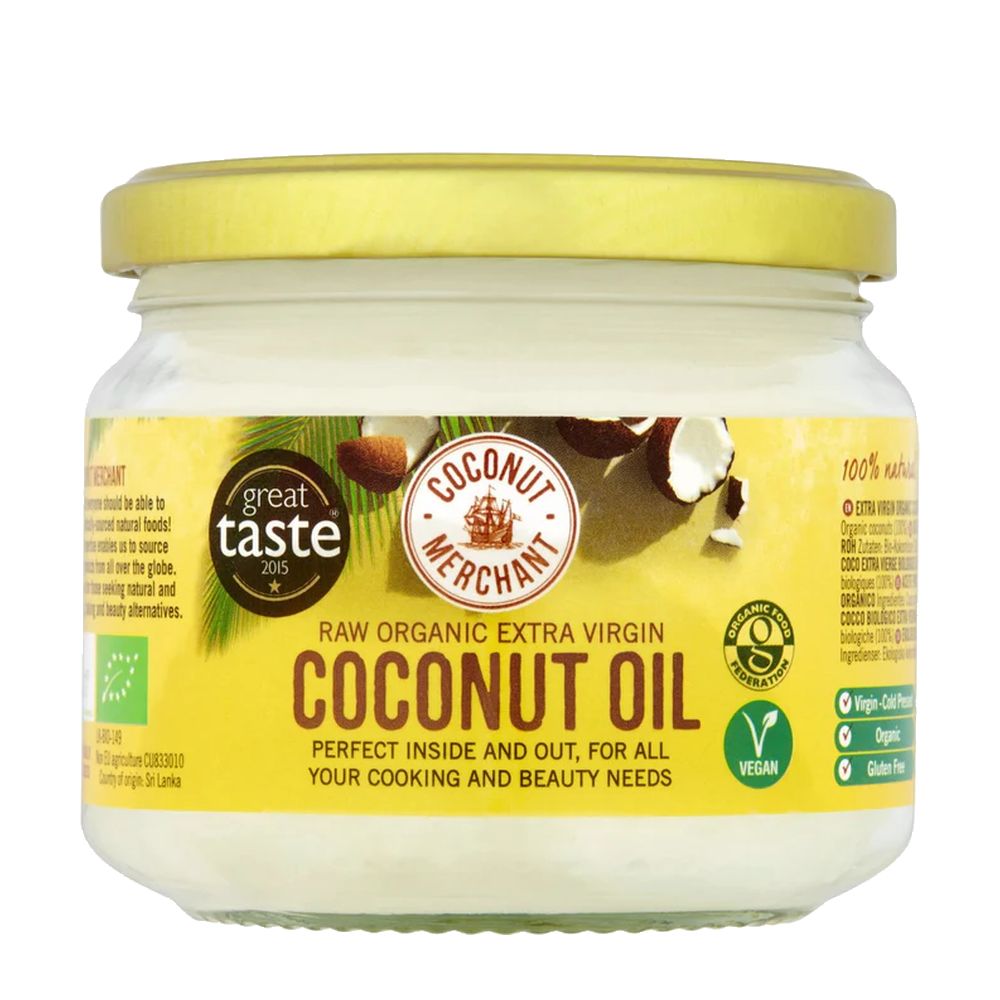Jar of coconut oil with a yellow label on a white background