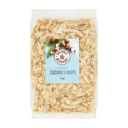 Bag of toasted coconut chips with a label on a white background