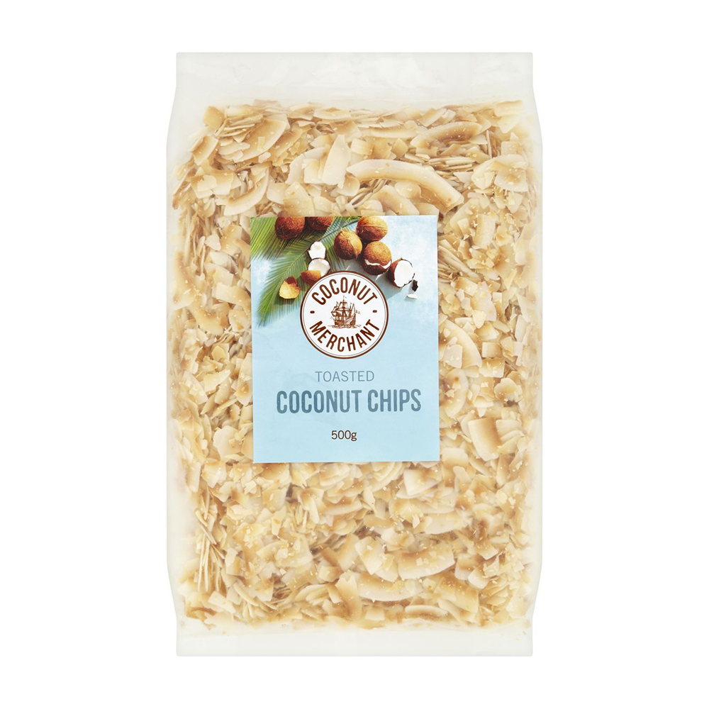 Bag of toasted coconut chips with a label on a white background