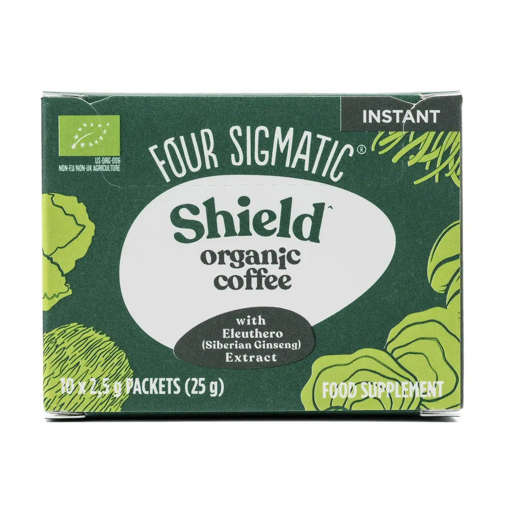 Four Sigmatic Shield organic coffee packaging on a white background