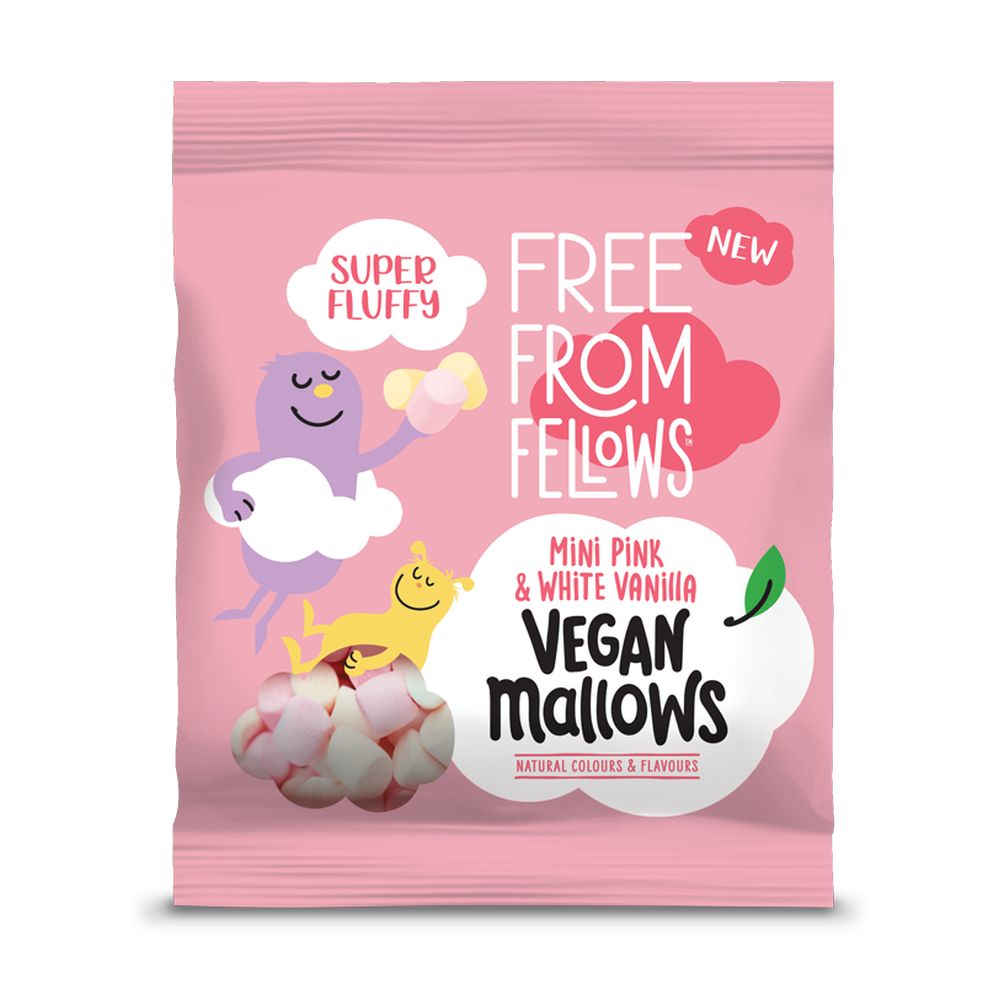 Pink package of Veganmallows with cartoon characters on a white background