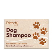 Dog shampoo bar with paw prints and 'Friendly Soap' branding on a beige background