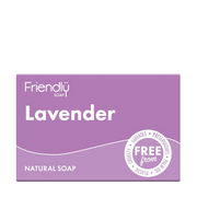 Purple packaging of Friendly Soap lavender natural soap on a white background