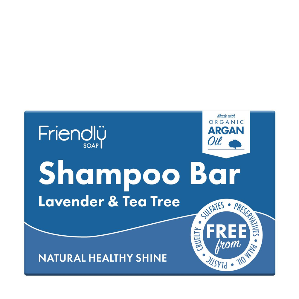 Blue box of Friendly Soap Shampoo Bar with lavender and tea tree scent on a white background