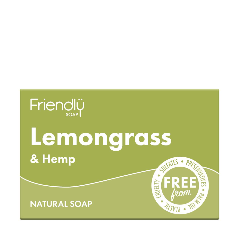 Green soap packaging with 'Friendly Soap' branding and 'Lemongrass & Hemp' text on a white background.