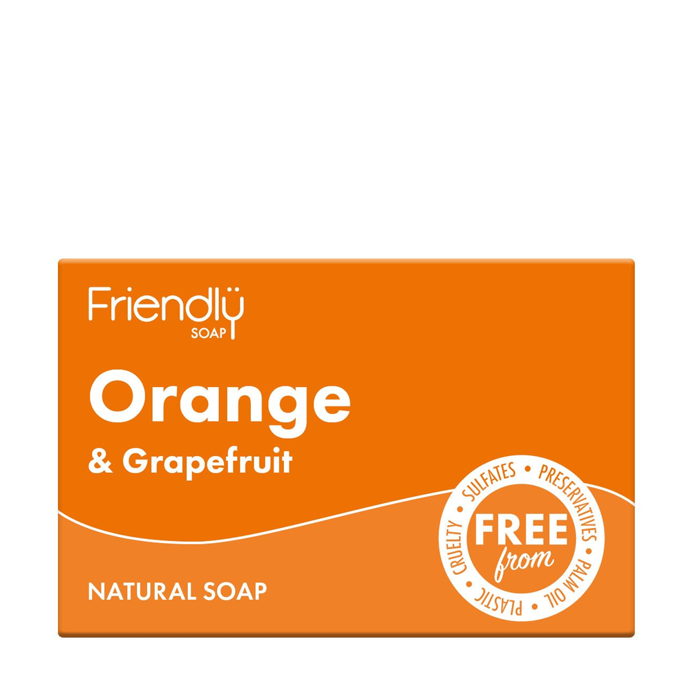 Orange soap packaging with 'Friendly Soap' branding on a white background