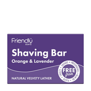 Purple packaging of Friendly Soap Shaving Bar with 'Orange & Lavender' text on a white background