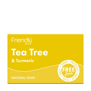 Yellow packaging of Friendly Soap with 'Tea Tree & Turmeric' text on a white background