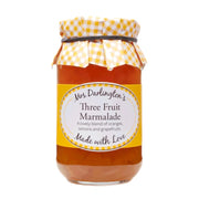 Jar of Mrs Darlington's Three Fruit Marmalade with a checkered lid on a white background