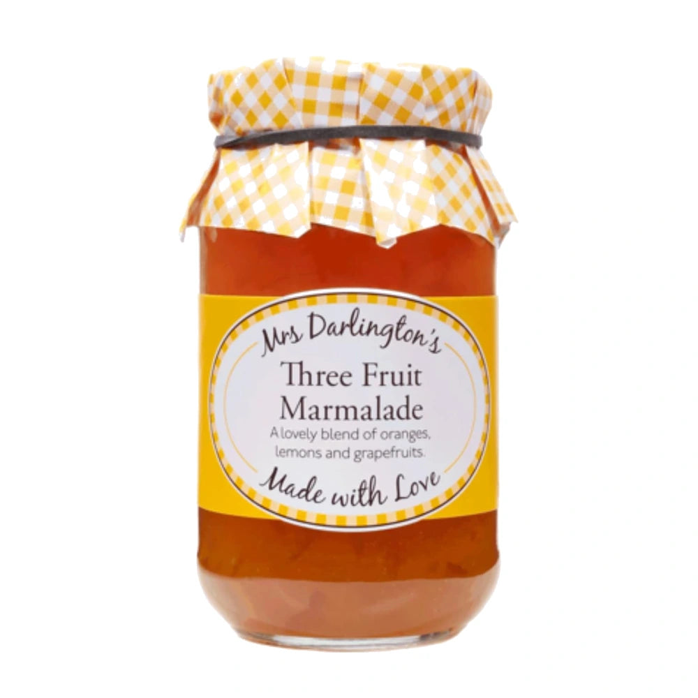 Jar of Mrs Darlington's Three Fruit Marmalade with a checkered lid on a white background
