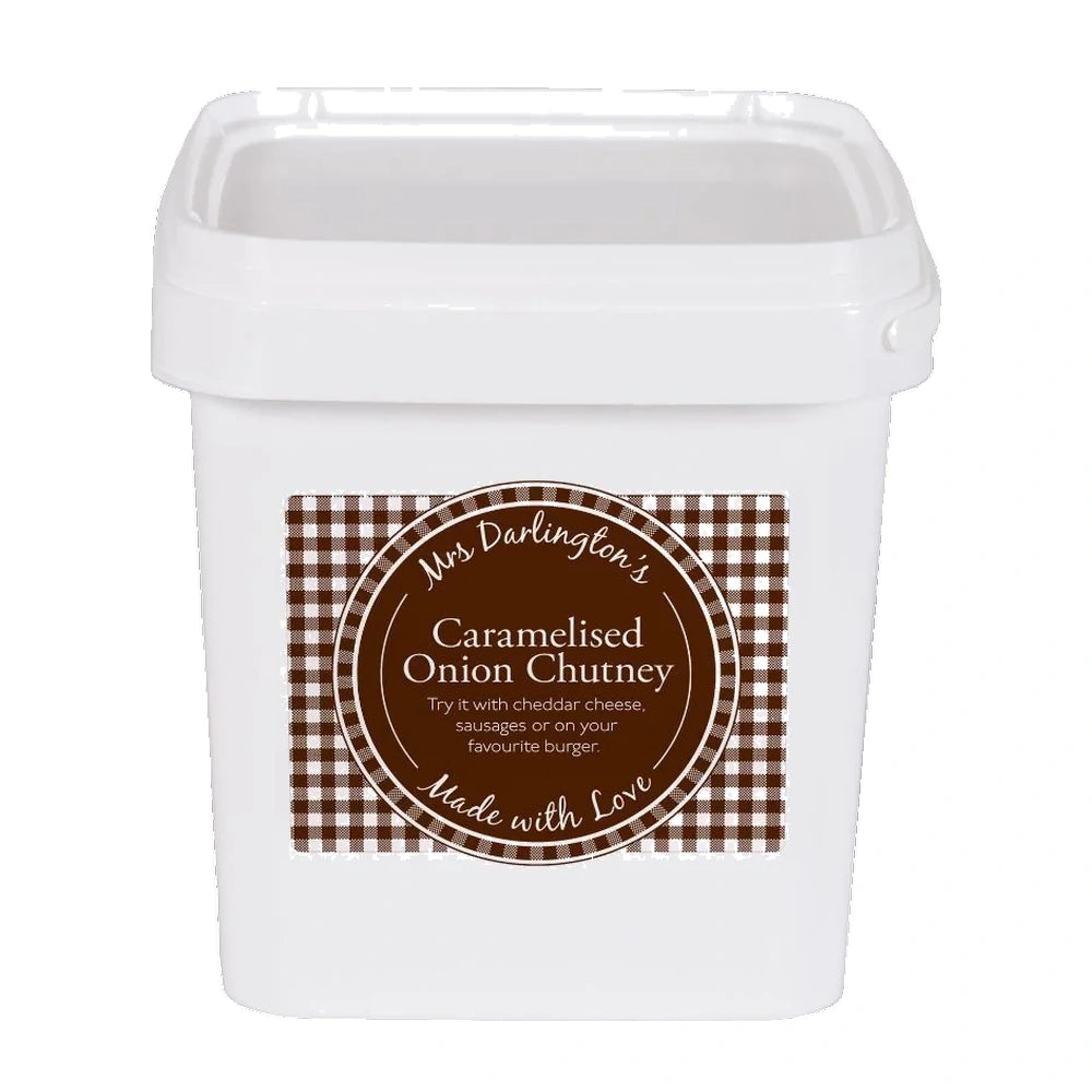 White container with a label for Mrs Darlington's Caramelised Onion Chutney on a white background