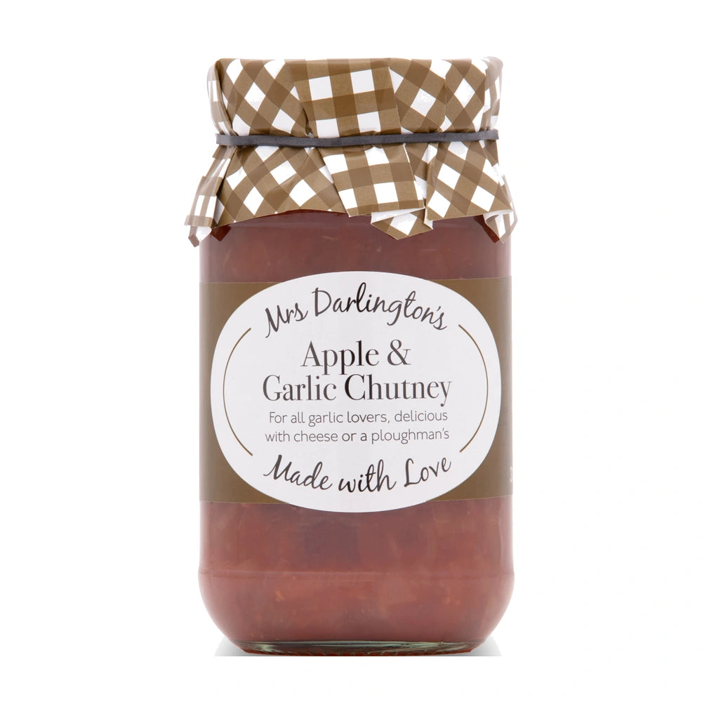 Jar of Mrs Darlington's Apple & Garlic Chutney with a checkered lid on a white background